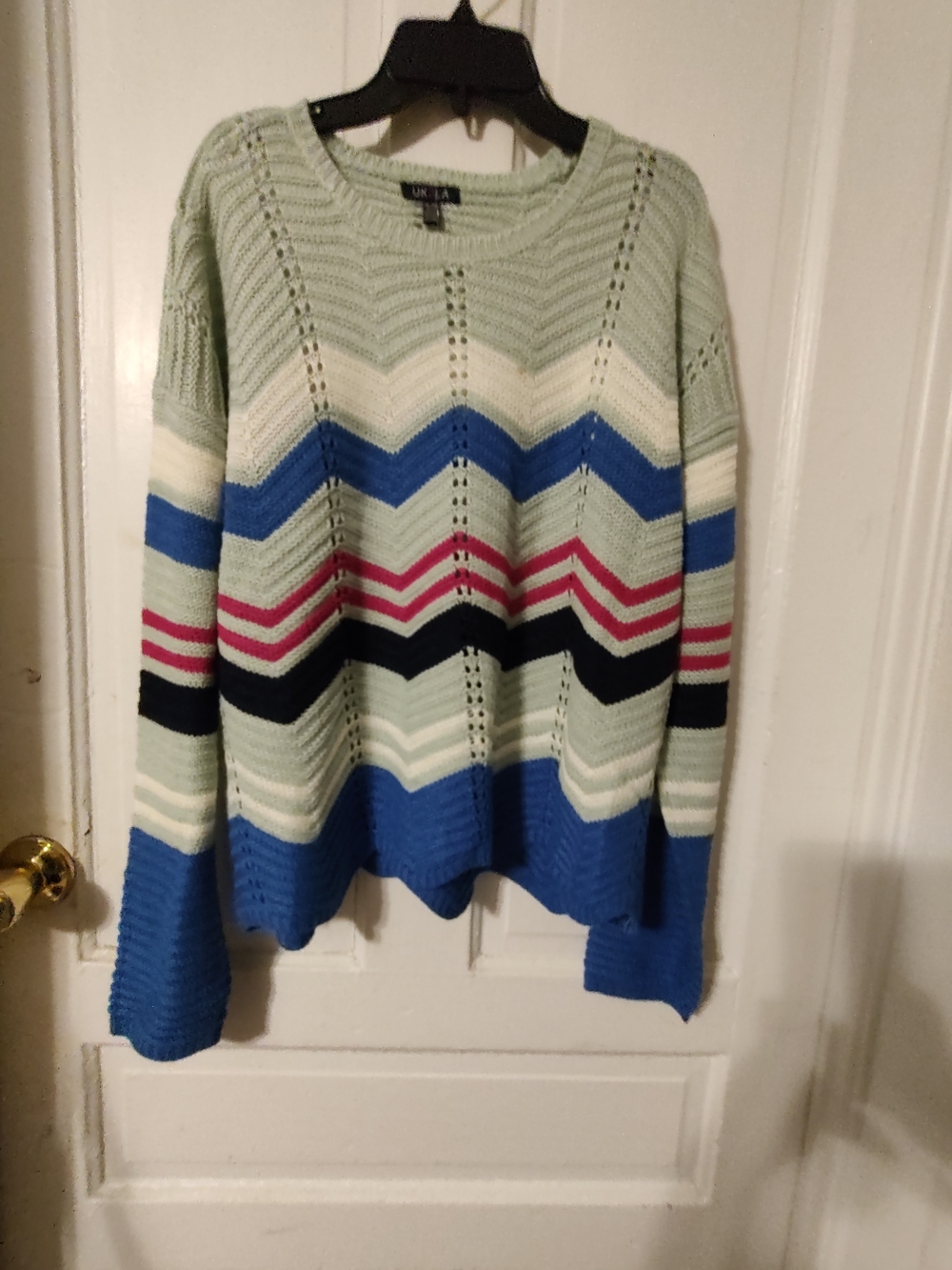 UK2LA Mint Chevron Knit Sweater with Blue, Pink and Black Stripes